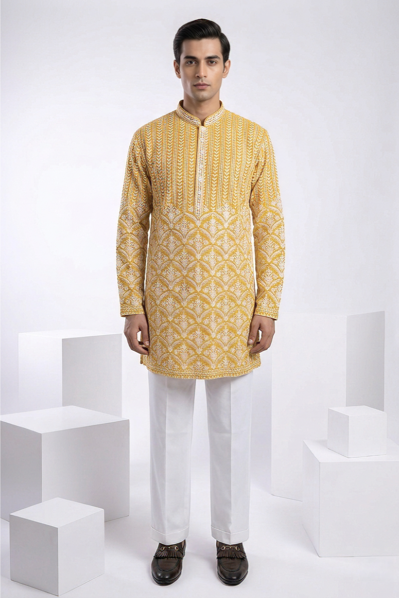 Yellow colour mirror work and embroidered kurta top