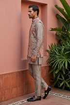 Green coloured plain kurta set with printed colourful bundi