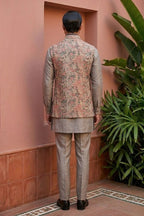 Green coloured plain kurta set with printed colourful bundi