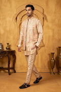 Peach coloured plain kurta set with printed colourful bundi