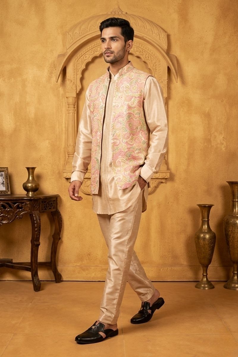 Peach coloured plain kurta set with printed colourful bundi