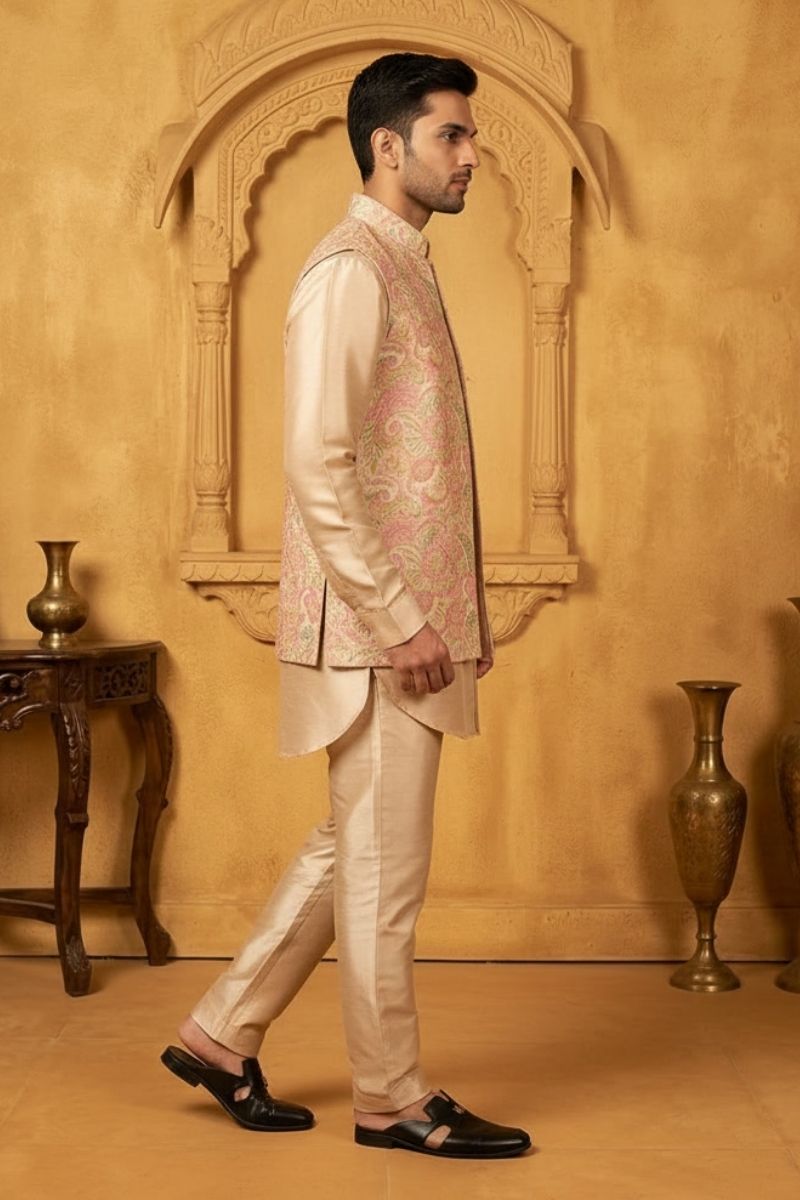 Peach coloured plain kurta set with printed colourful bundi