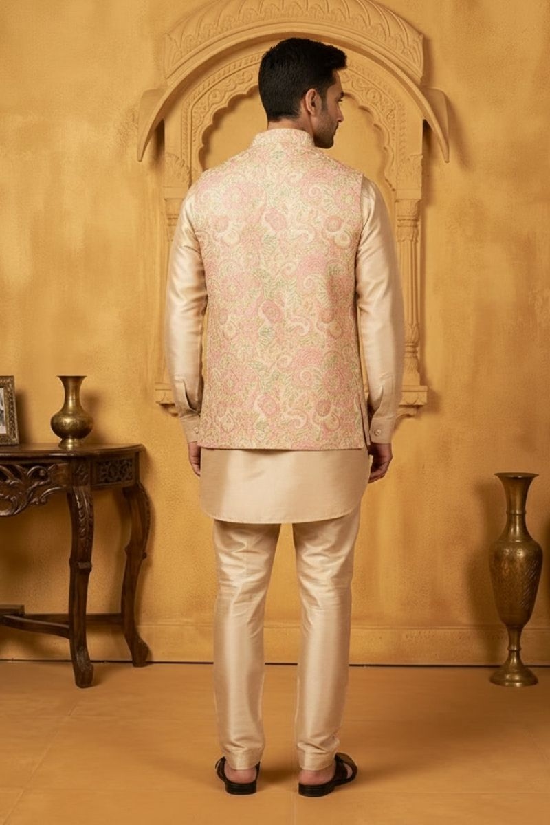 Peach coloured plain kurta set with printed colourful bundi