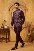 Maroon plain kurta top and pant with embroidered bundi