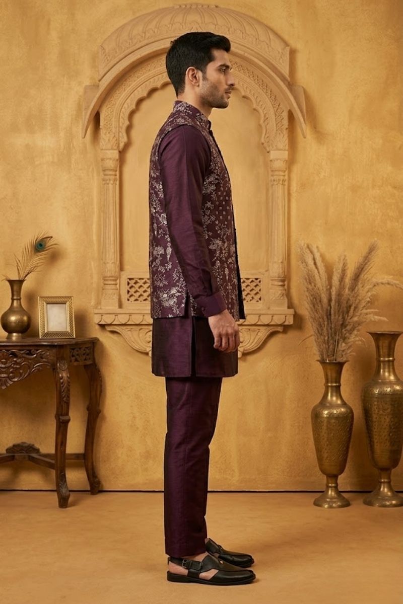 Maroon plain kurta top and pant with embroidered bundi