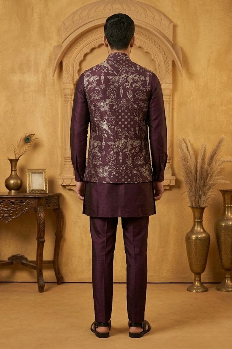 Maroon plain kurta top and pant with embroidered bundi