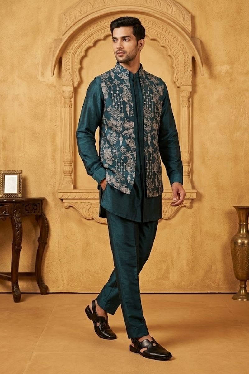 Blue colour plain kurta top and pant with embroidered bundi