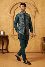 Blue colour plain kurta top and pant with embroidered bundi