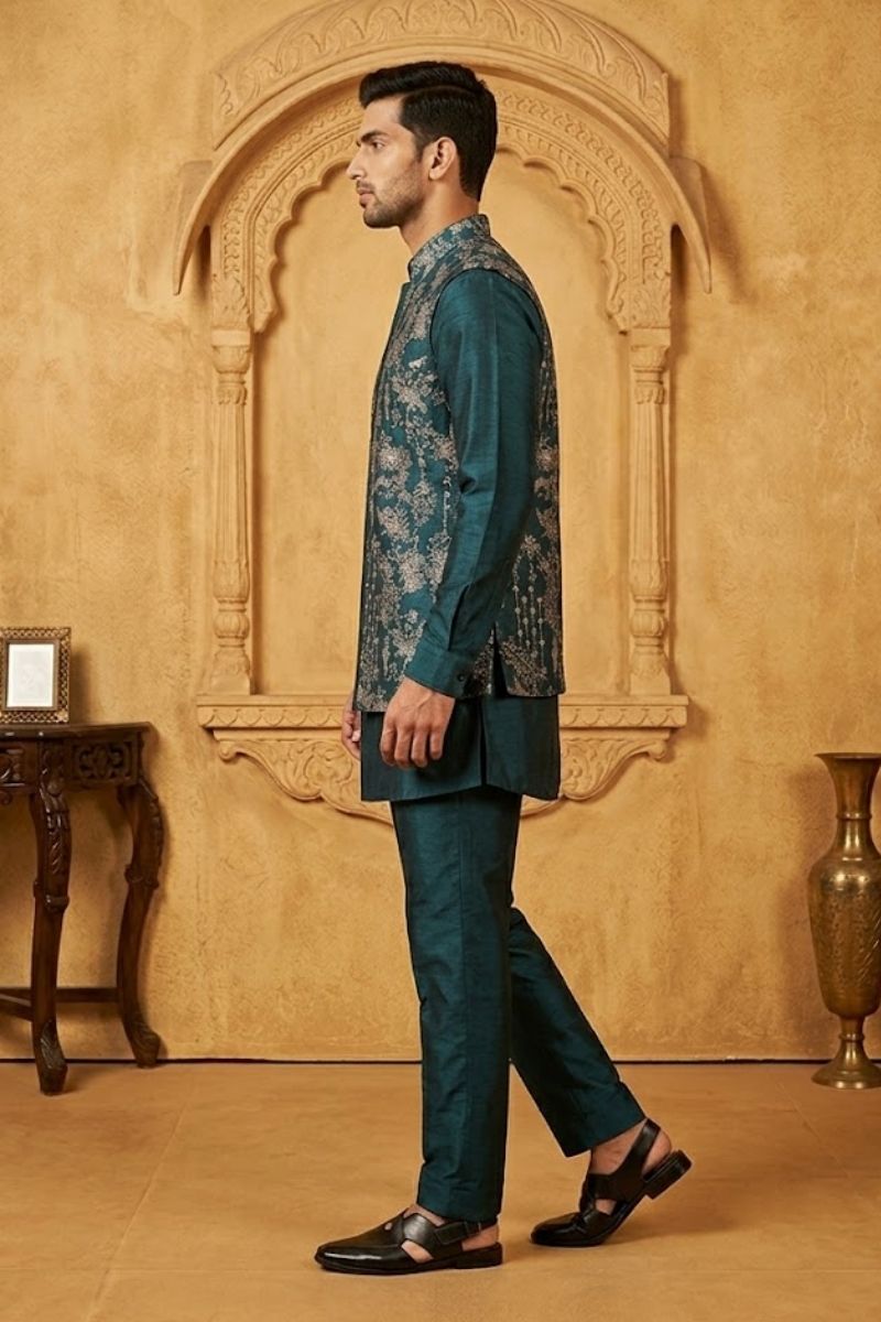 Blue colour plain kurta top and pant with embroidered bundi