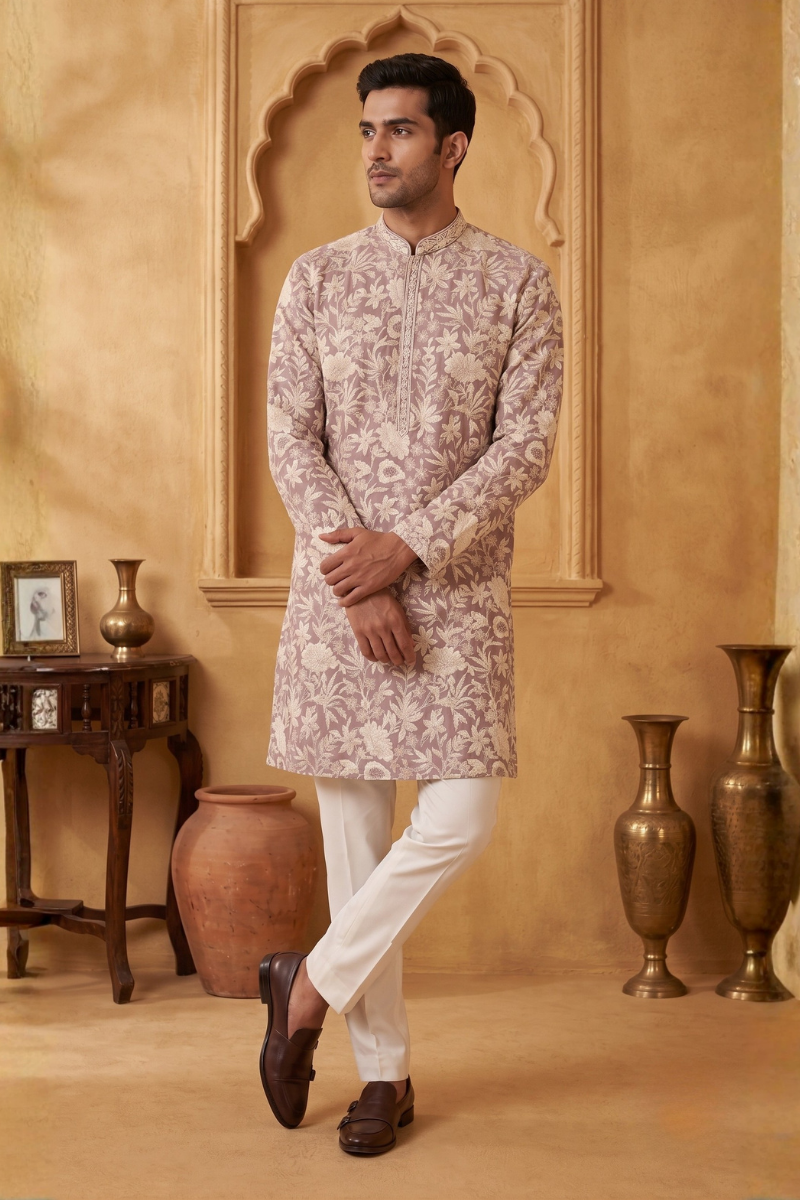 Wine colour kurta set with thread work and minimal zari embroidery