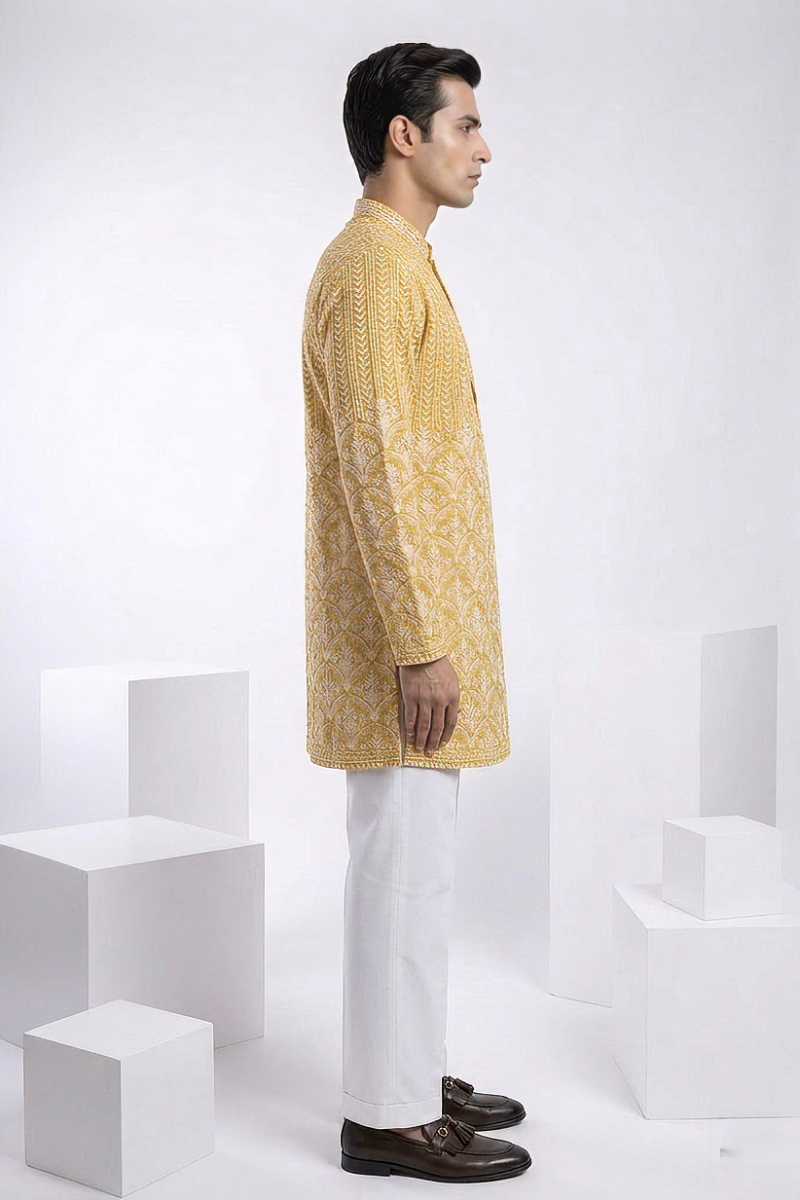 Yellow colour mirror work and embroidered kurta top