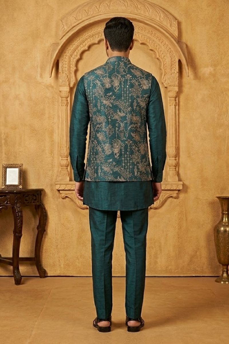 Blue colour plain kurta top and pant with embroidered bundi