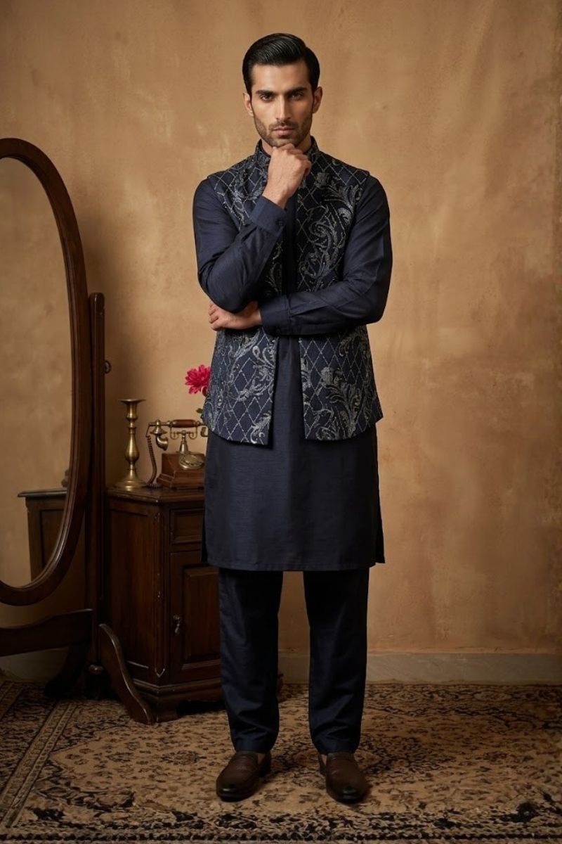 Black colour plain kurta top and pant with embroidered bundi