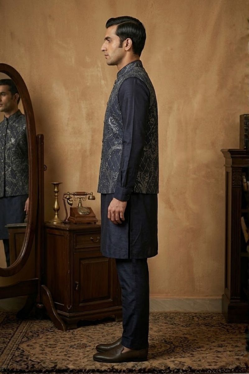 Black colour plain kurta top and pant with embroidered bundi