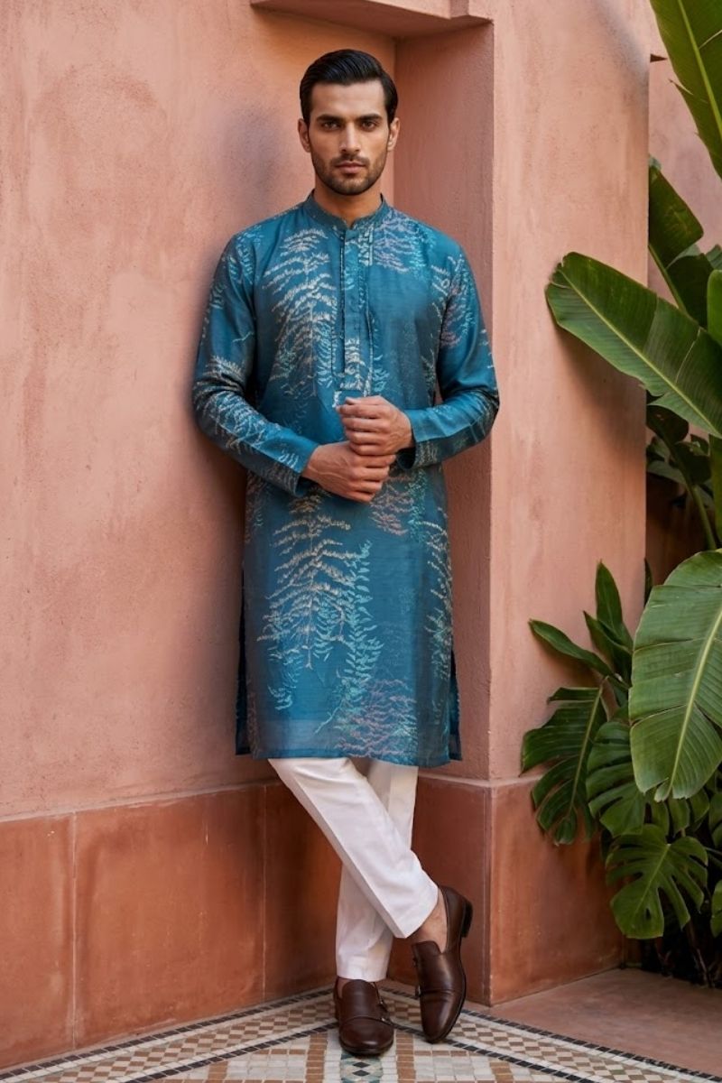 Blue colour kurta set with floral motifs