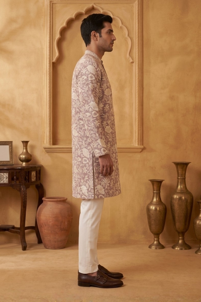 Wine colour kurta set with thread work and minimal zari embroidery