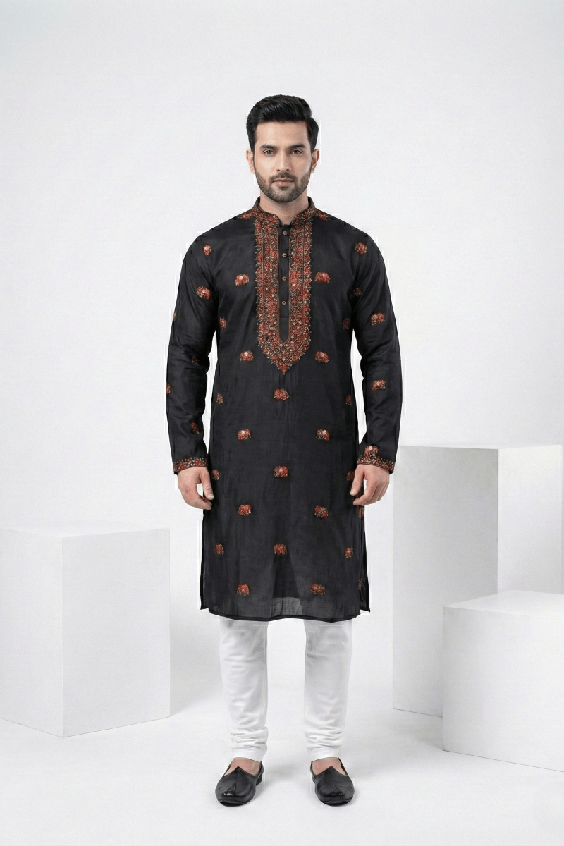 Black kurta top with thread work and elephant design