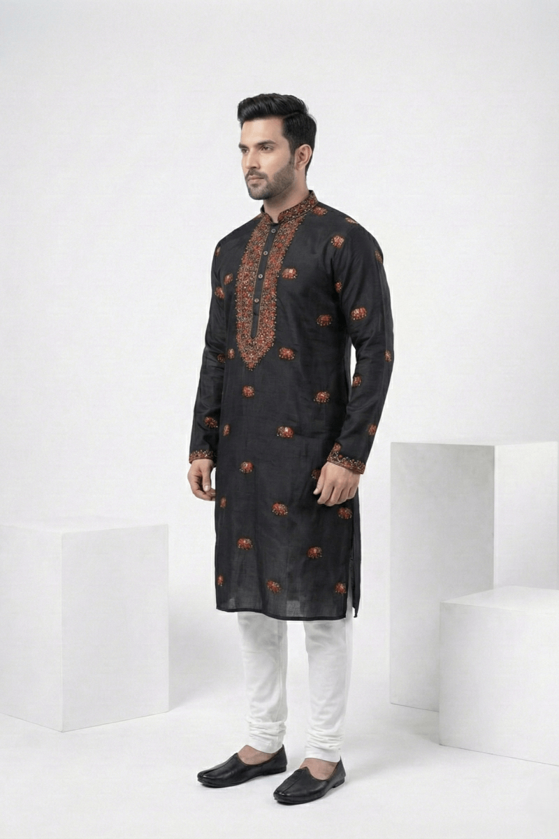 Black kurta top with thread work and elephant design