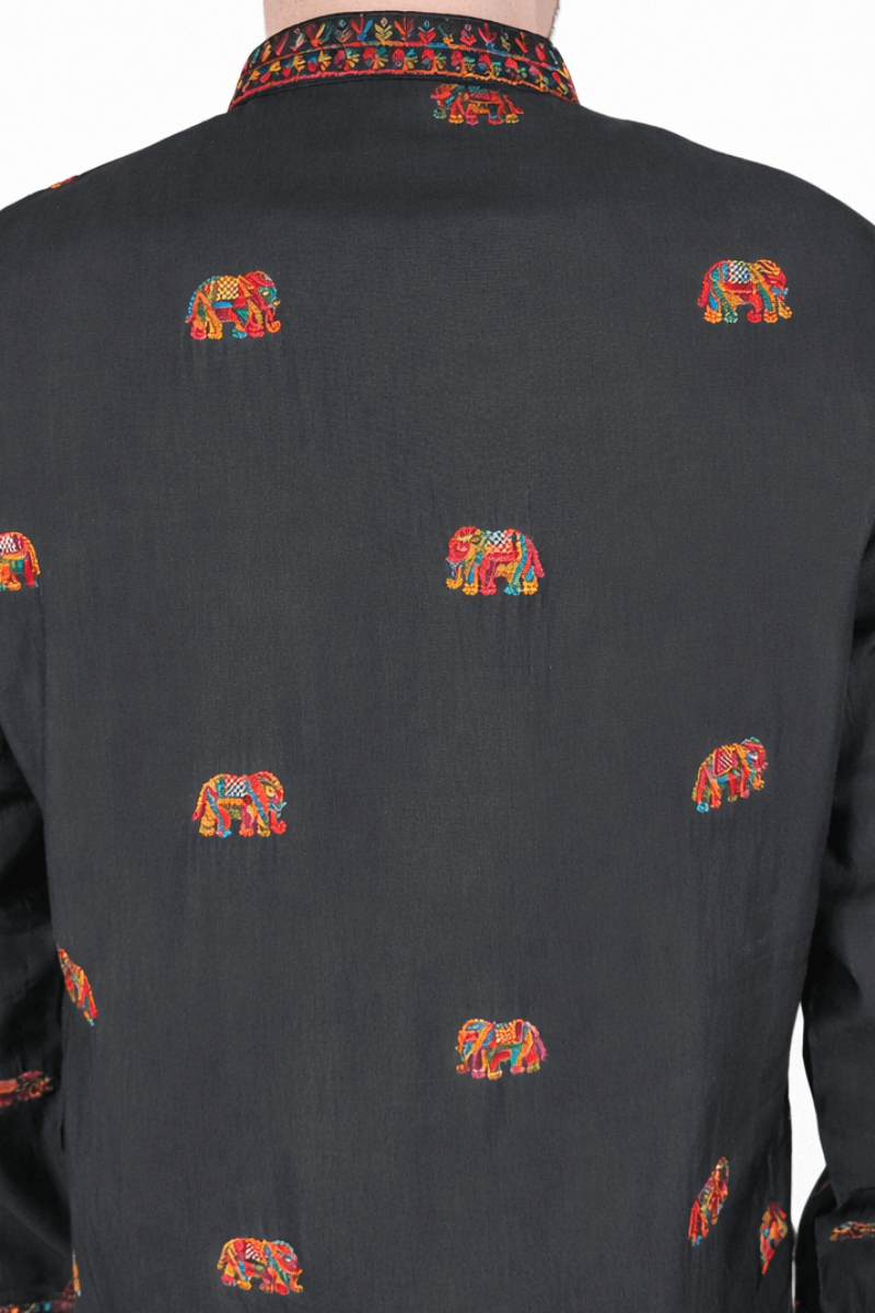Black kurta top with thread work and elephant design