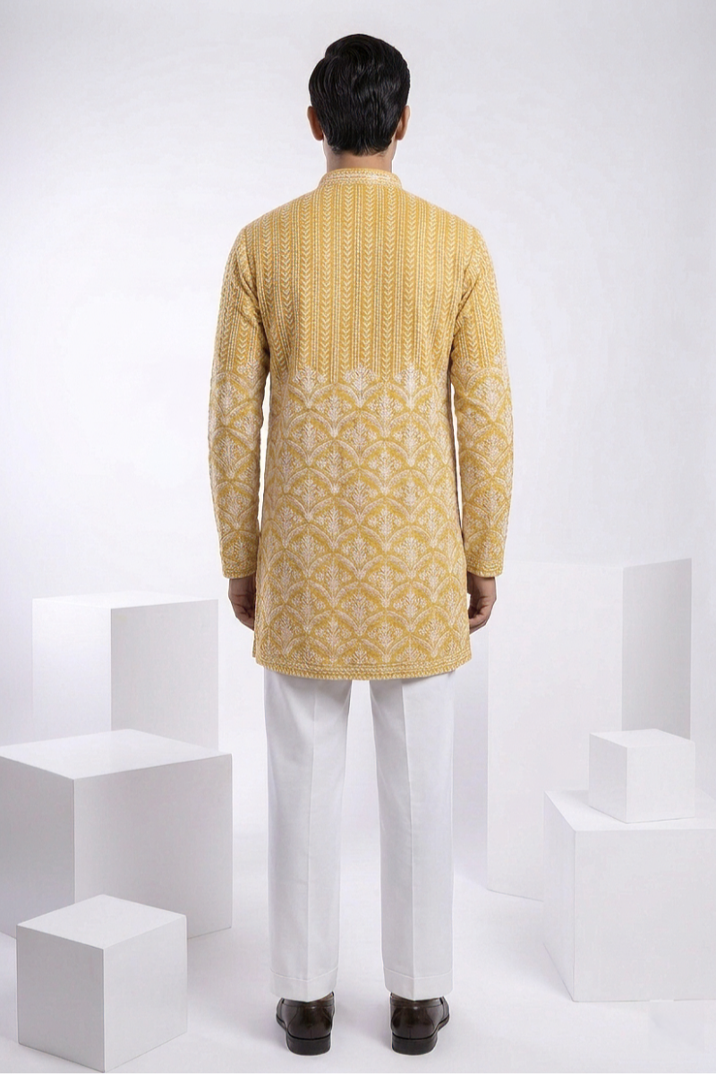 Yellow colour mirror work and embroidered kurta top