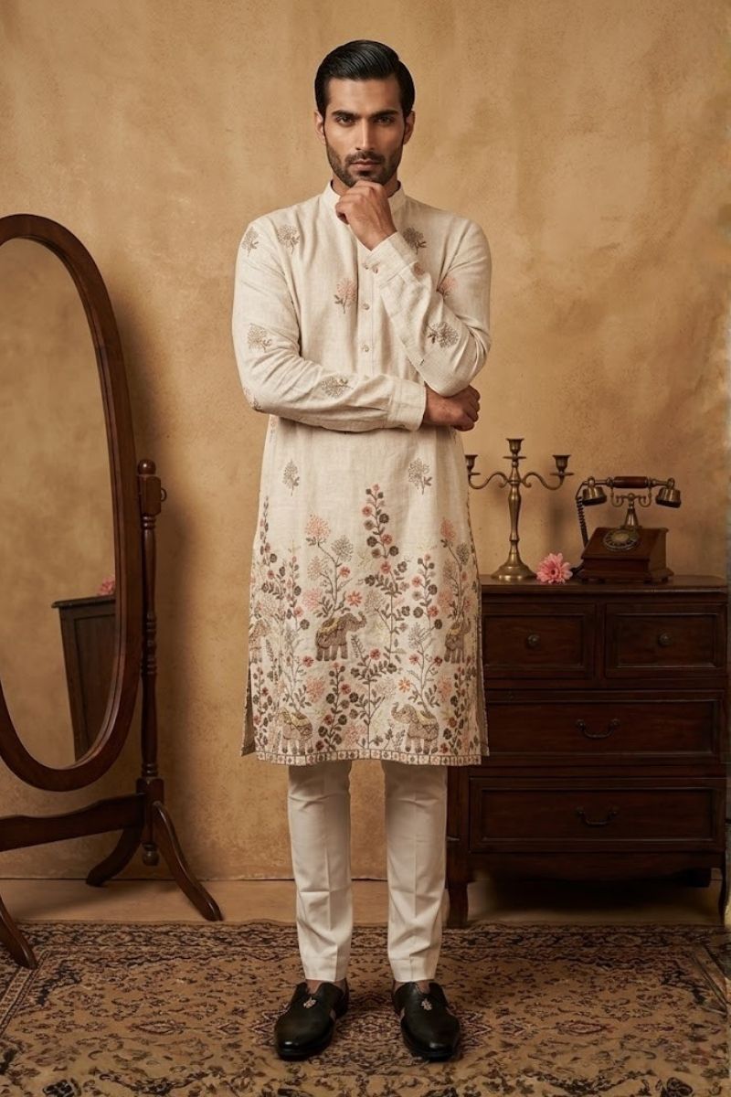 Natural semi cotton kurta with thread work and pant