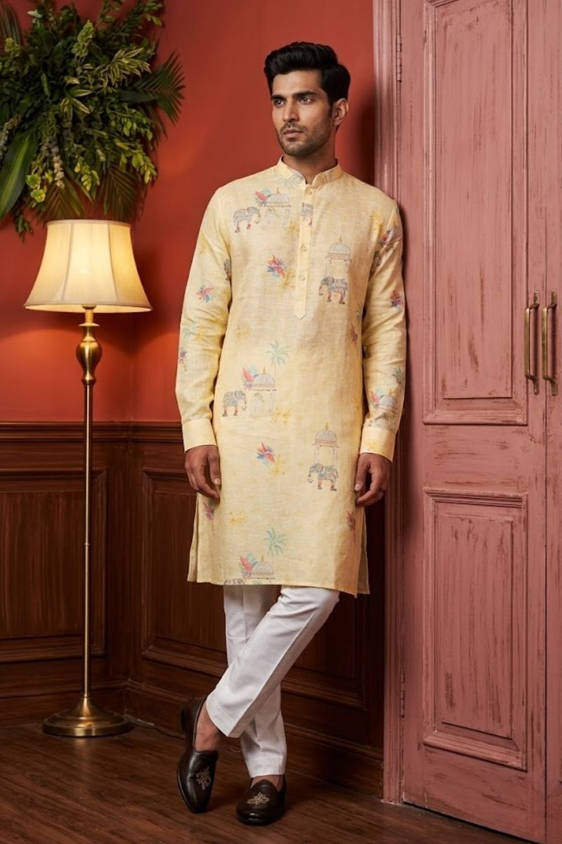 Yellow  kurta pant  with elephant print motifs