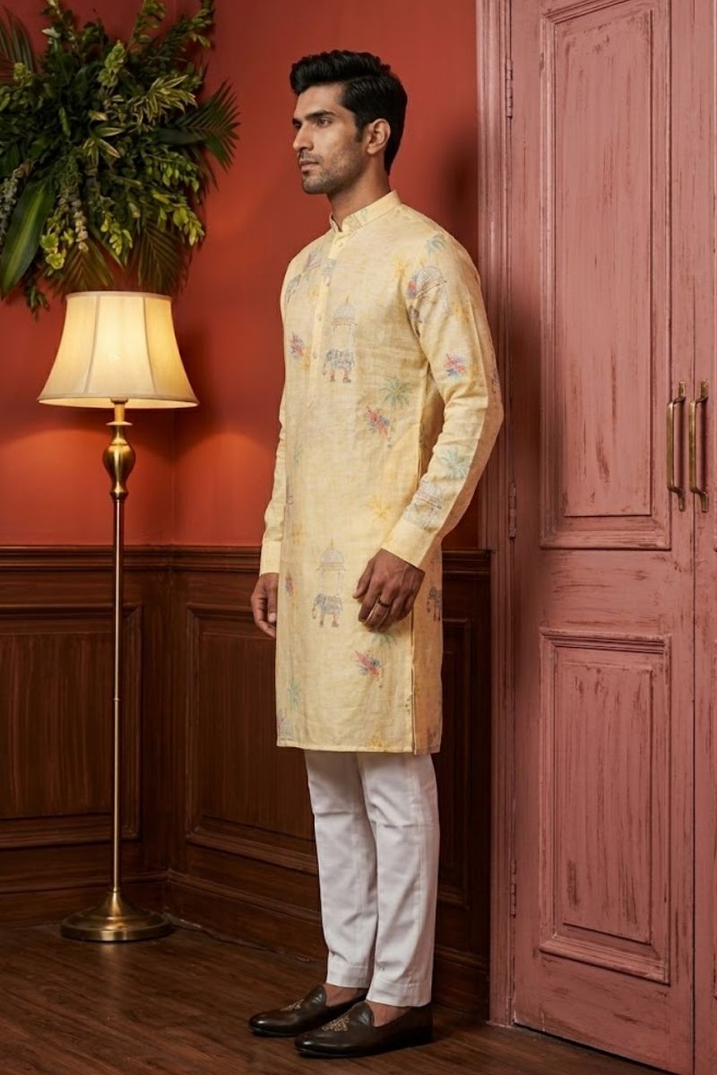 Yellow  kurta pant  with elephant print motifs