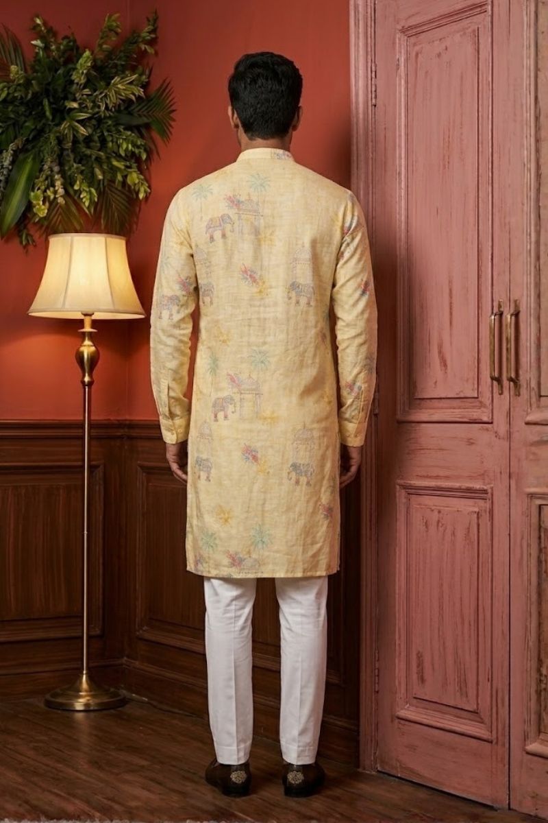 Yellow  kurta pant  with elephant print motifs