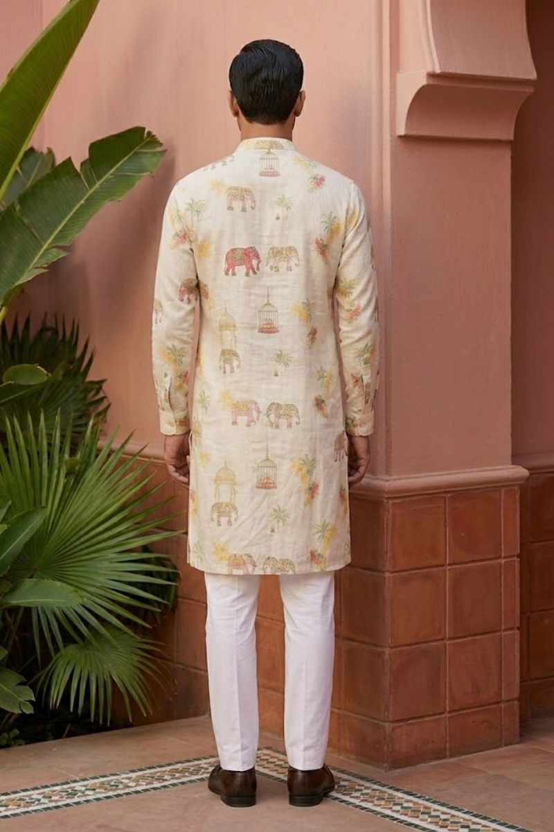 Cream kurta pant  with elephant print motifs