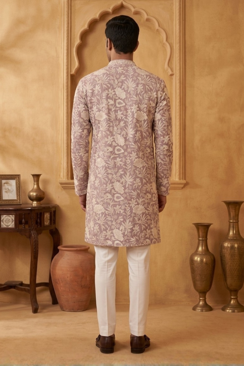 Wine colour kurta set with thread work and minimal zari embroidery