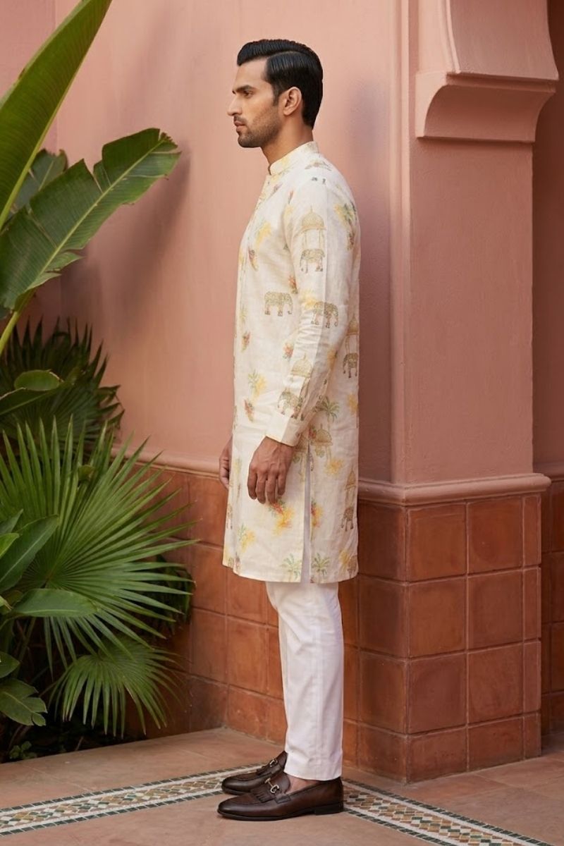 Cream kurta pant  with elephant print motifs