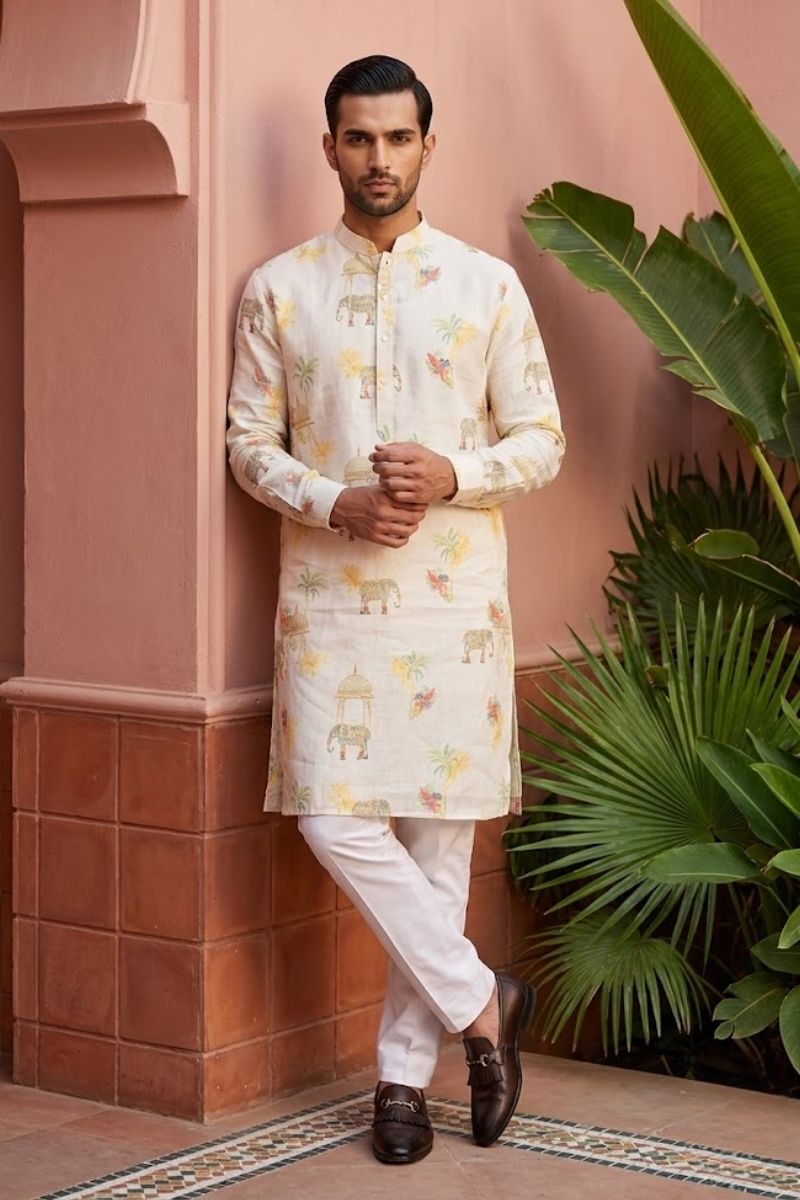 Cream kurta pant  with elephant print motifs
