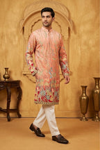 Pink colour kurta pant with floral and architectural design embroidery