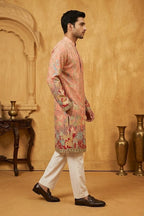Pink colour kurta pant with floral and architectural design embroidery