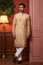 Cream colour kurta pant with floral and architectural design embroidery
