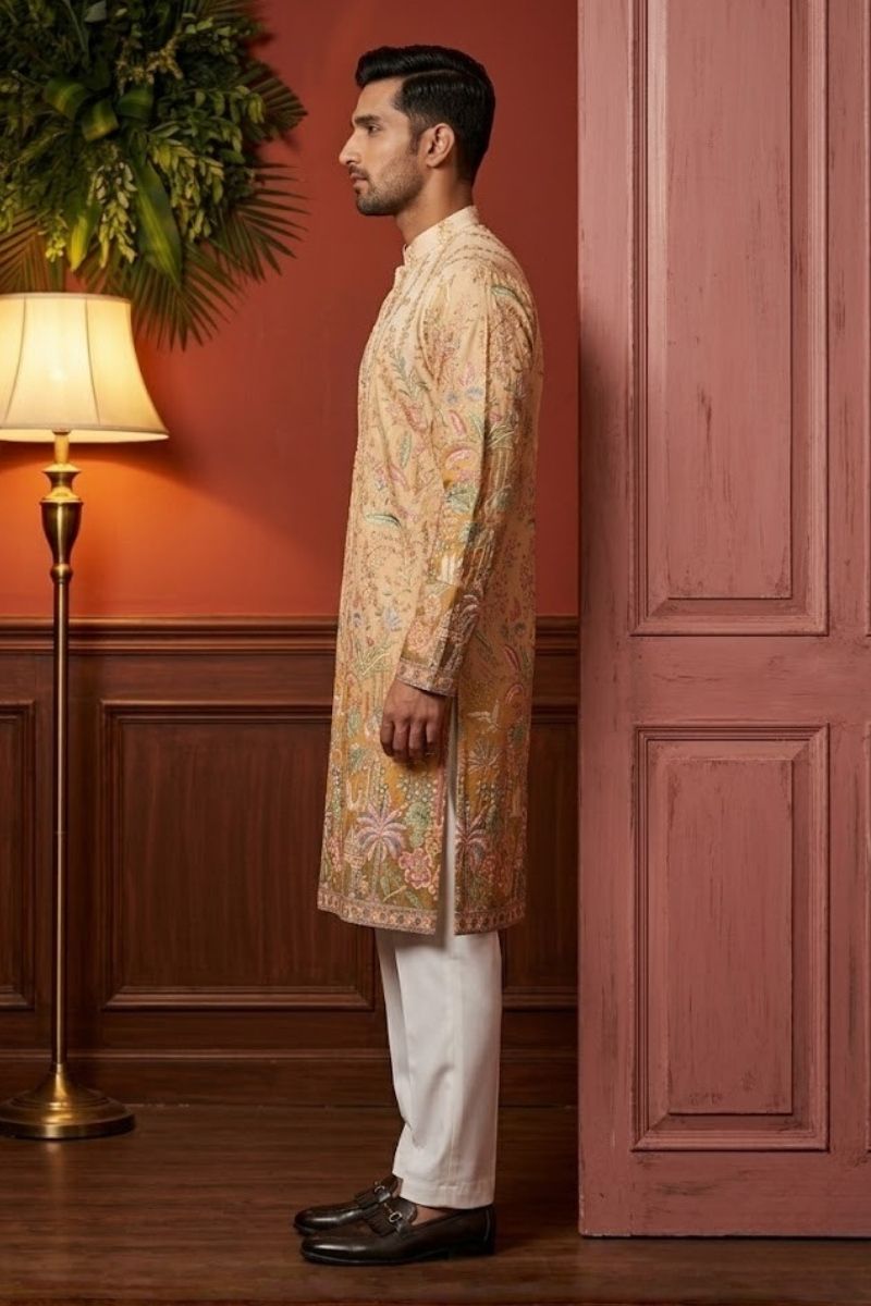 Cream colour kurta pant with floral and architectural design embroidery