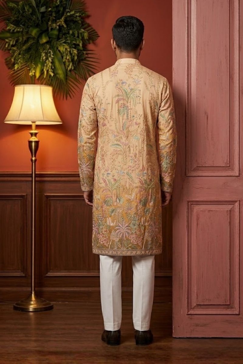 Cream colour kurta pant with floral and architectural design embroidery