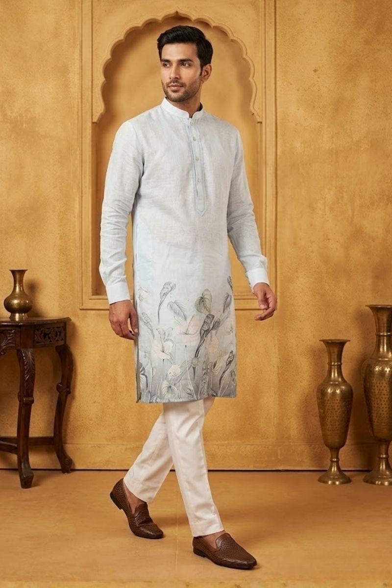 Blue colour kurta with floral print and pant