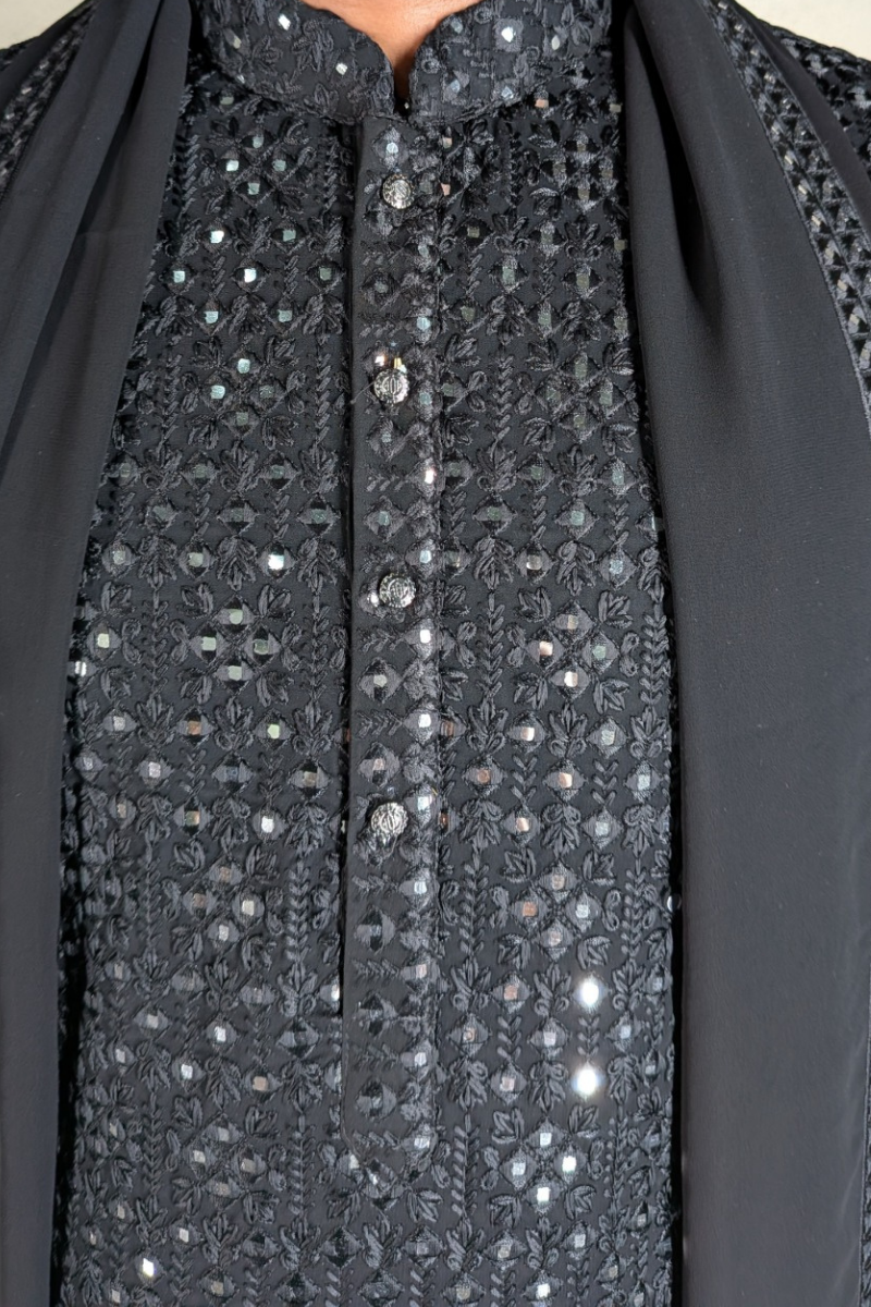 Black Colour kurta top and dupatta with allover thread and mirror work