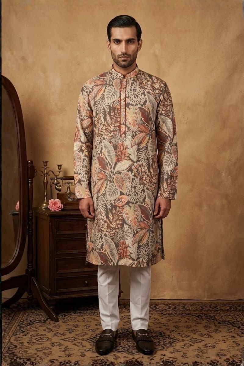 Black colour kurta with allover floral printed design and pant