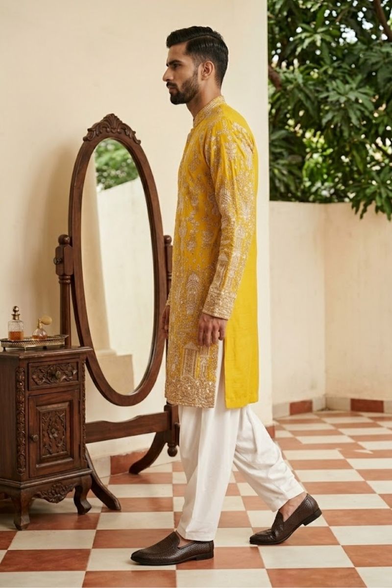 Yellow colour georgetta fabric kurta top with allover thread embroidery with pant