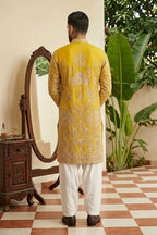 Yellow colour georgetta fabric kurta top with allover thread embroidery with pant