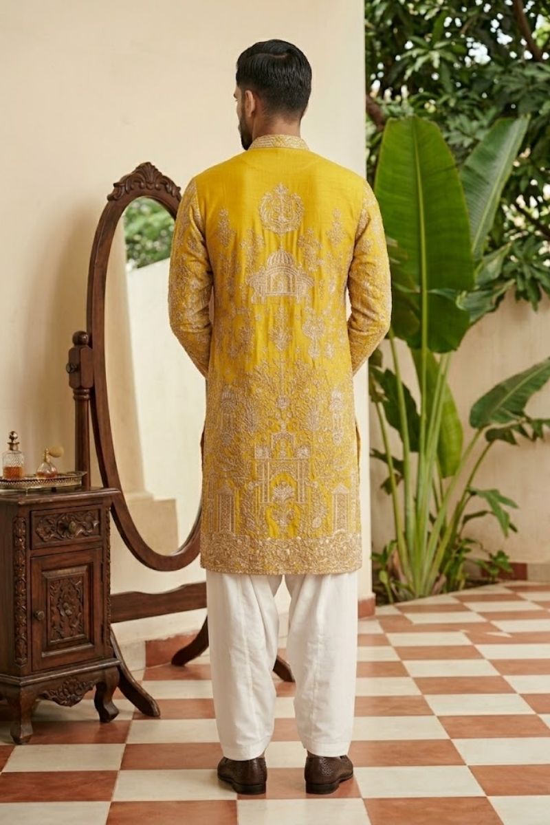 Yellow colour georgetta fabric kurta top with allover thread embroidery with pant