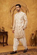 White kurta top with thread work and embroidery with pant