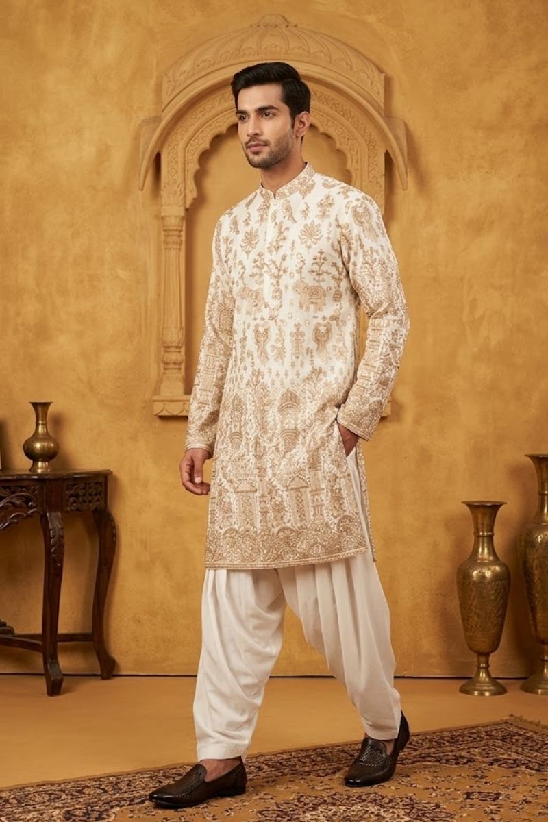 White kurta top with thread work and embroidery with pant