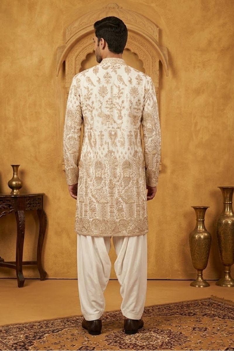 White kurta top with thread work and embroidery with pant