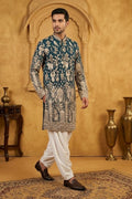 Peacock blue kurta top with thread work and embroidery with pant