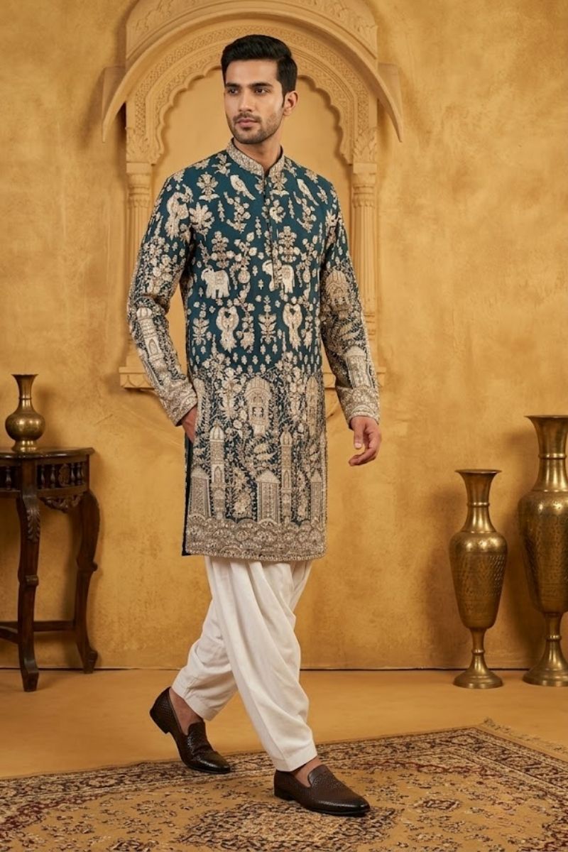 Peacock blue kurta top with thread work and embroidery with pant