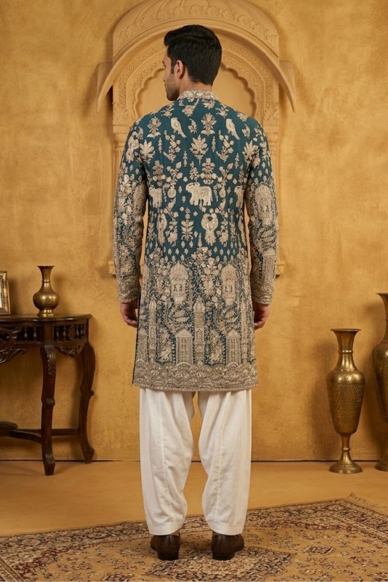 Peacock blue kurta top with thread work and embroidery with pant