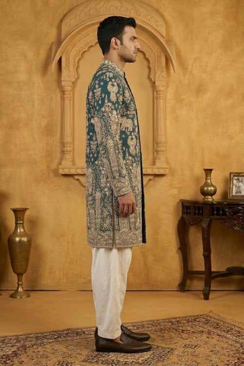 Peacock blue kurta top with thread work and embroidery with pant